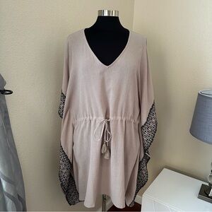 Garnet Hill Beige/Brown V-Neck Swim Coverup with White Patterned Trim